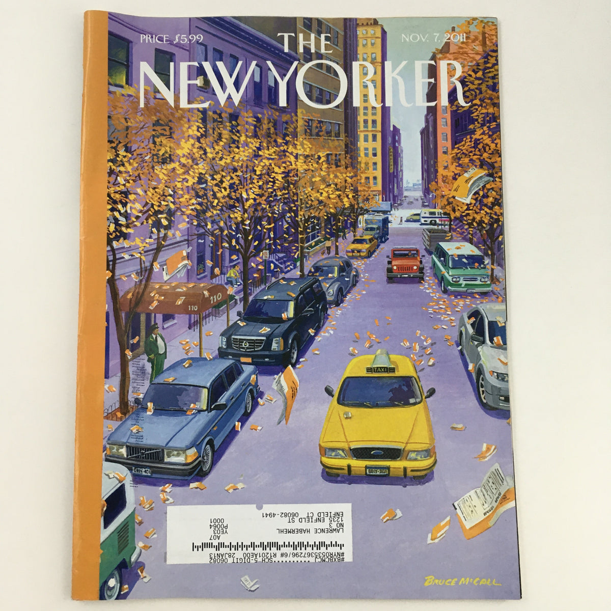 The New Yorker Magazine November 7 2011 Theme Art Cover by Bruce McCall, featuring a vibrant street scene with yellow taxi and colorful cars, depicting the creative artistry of Bruce McCall.