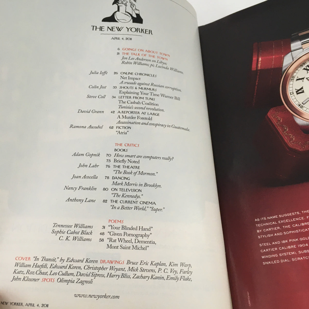 The New Yorker Magazine April 4 2011 Table of Contents, showcasing articles and poems, highlighting featured authors and cultural commentary.