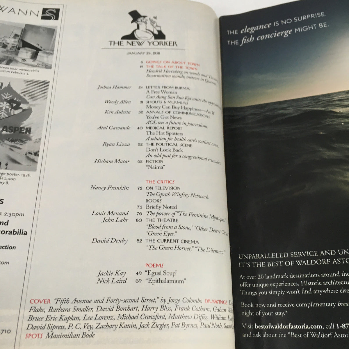 Inside page of The New Yorker Magazine January 24 2011 displaying the table of contents and details of articles, highlighting the elegant presentation and editorial content.