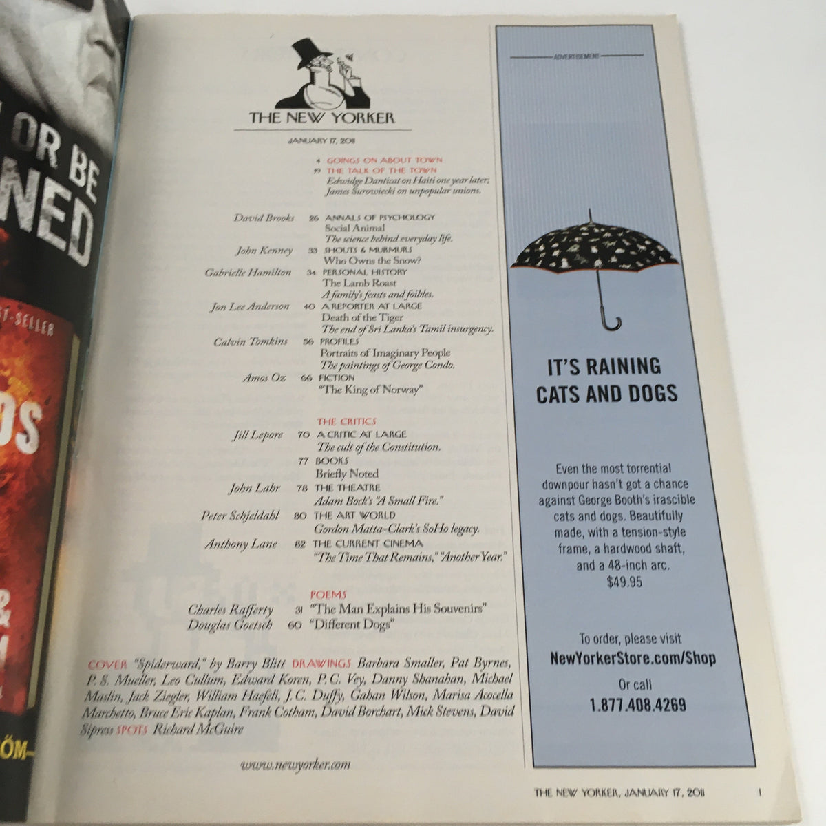 The New Yorker Magazine January 17 2011 inside page, displaying the table of contents, including articles and features from that issue.