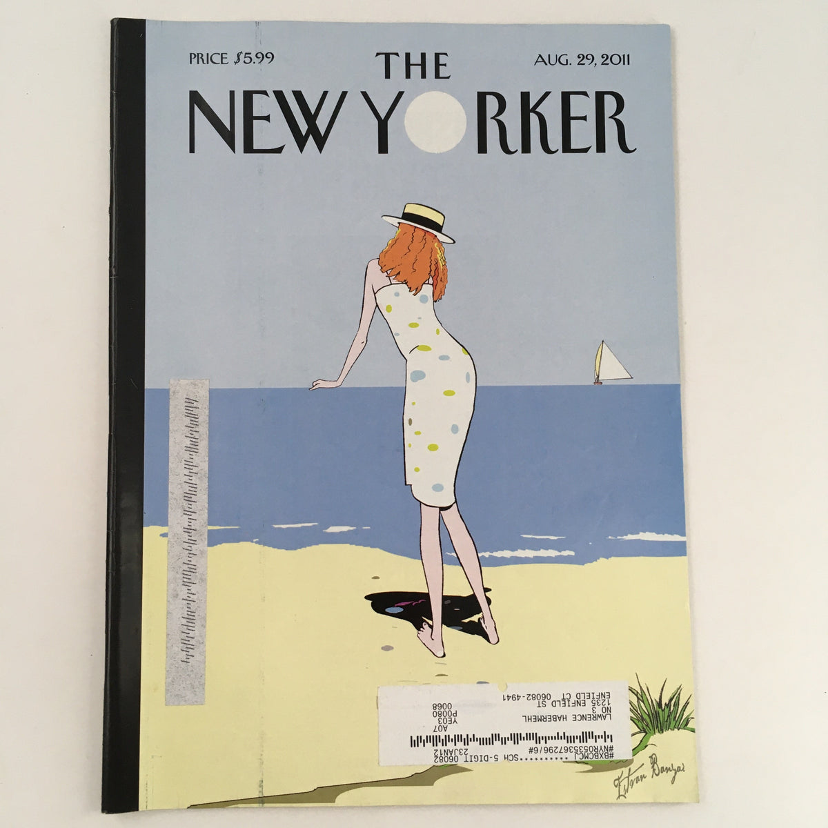 The New Yorker Magazine August 29 2011 theme art cover illustrated by Istvan Banyai, featuring a woman in a polka dot dress standing on a beach with a sailboat in the background.