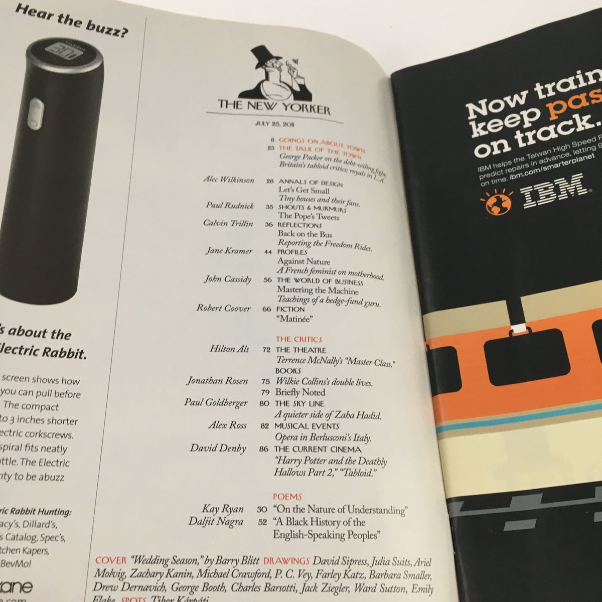 Interior page of The New Yorker Magazine July 25 2011 showing the table of contents featuring contributors and articles, highlighting the magazine's editorial lineup.