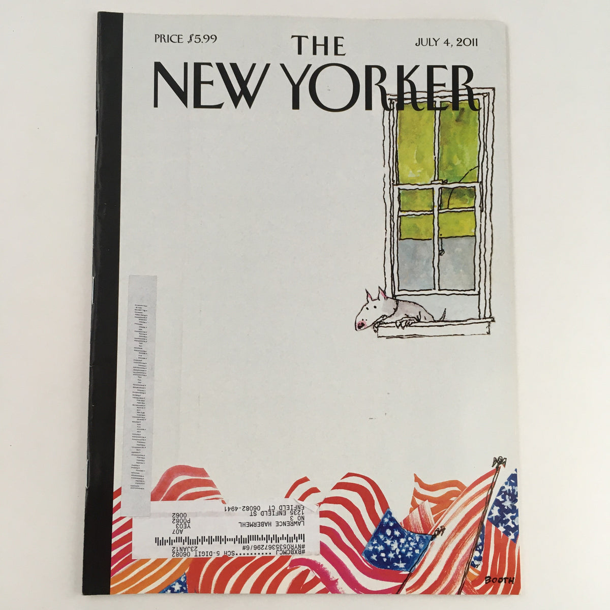The New Yorker Magazine July 4 2011 cover art by George Booth featuring a whimsical illustration of a dog looking out a window with American flags in the foreground.