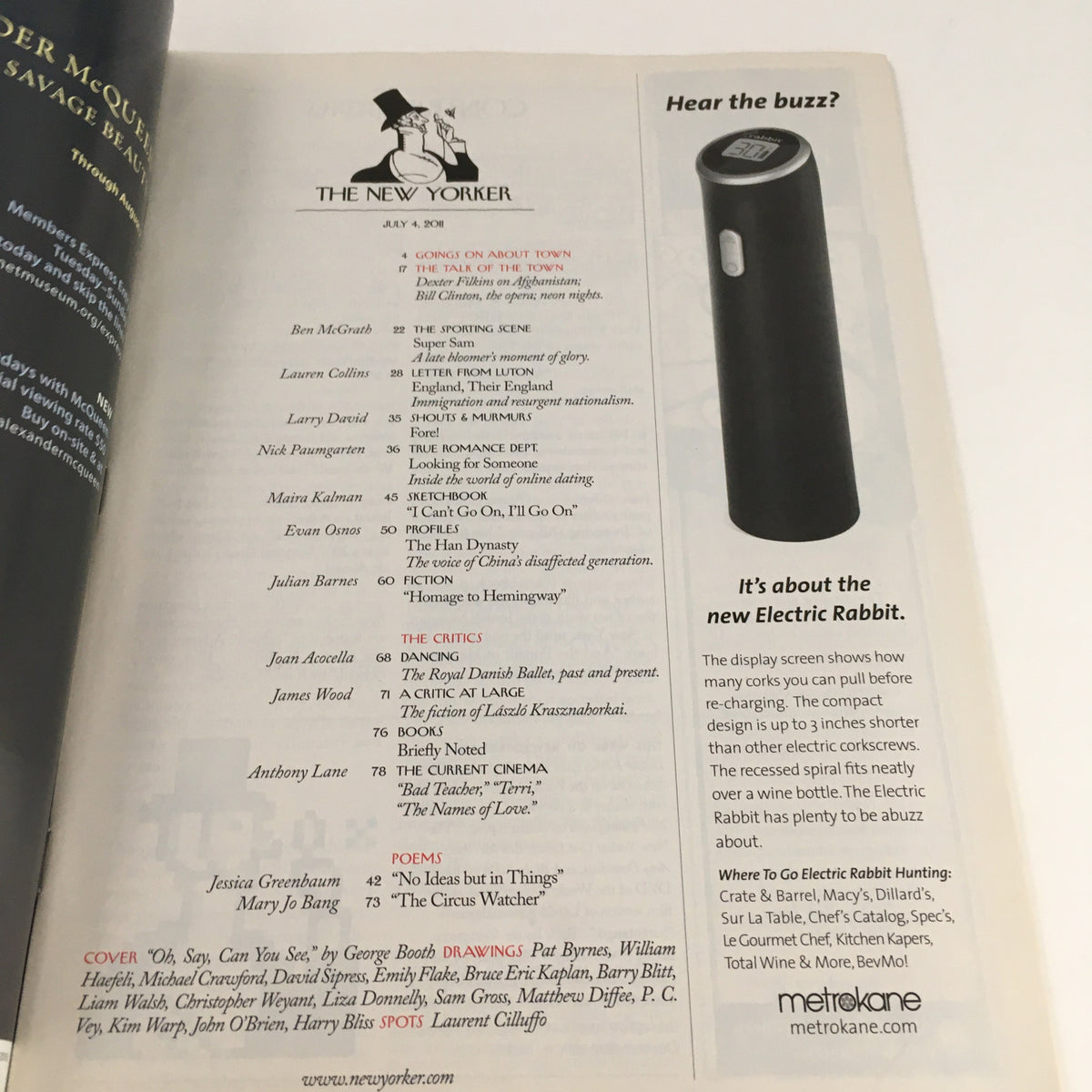 Inside page of The New Yorker Magazine July 4 2011 displaying articles and advertisements, including a mention of the Electric Rabbit, highlighting the magazine's diverse content.