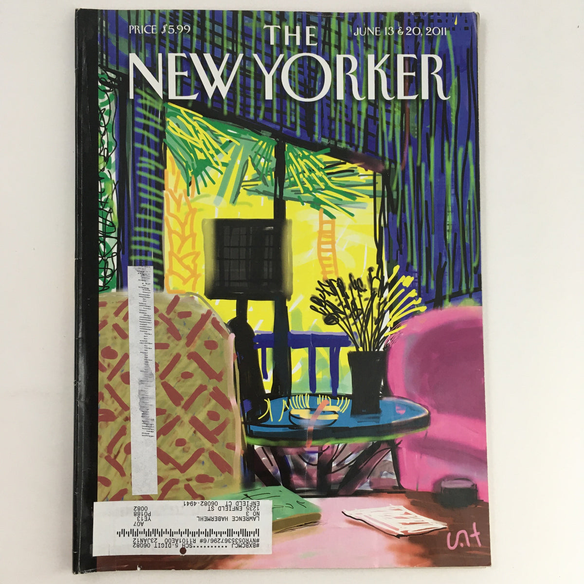 The New Yorker Magazine June 13 2011 Theme Art Cover by David Hockney showcasing vibrant illustrations of a cozy interior with a pink chair and an artistic display of color and light.