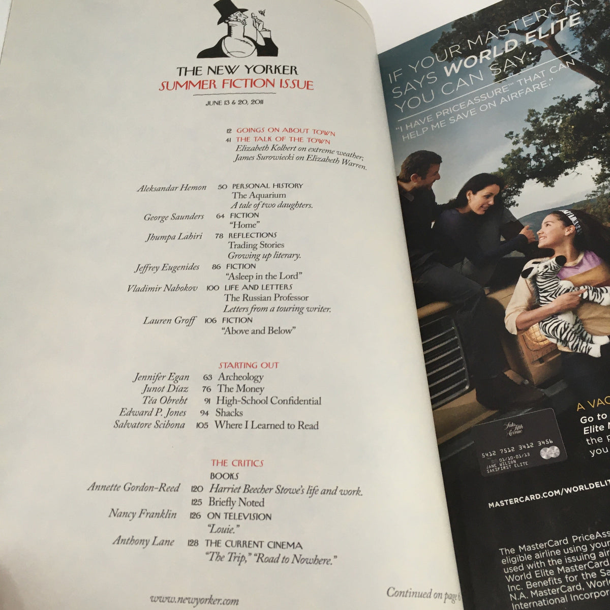 Interior page of The New Yorker Magazine June 13 2011 featuring the table of contents, highlighting articles including summer fiction and critic's choices.