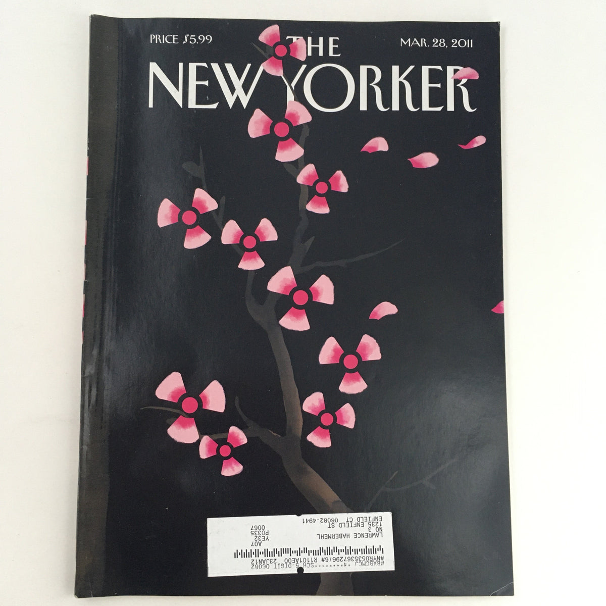 The New Yorker Magazine March 28 2011 cover featuring a floral design by Christoph Niemann with pink flowers against a black background.