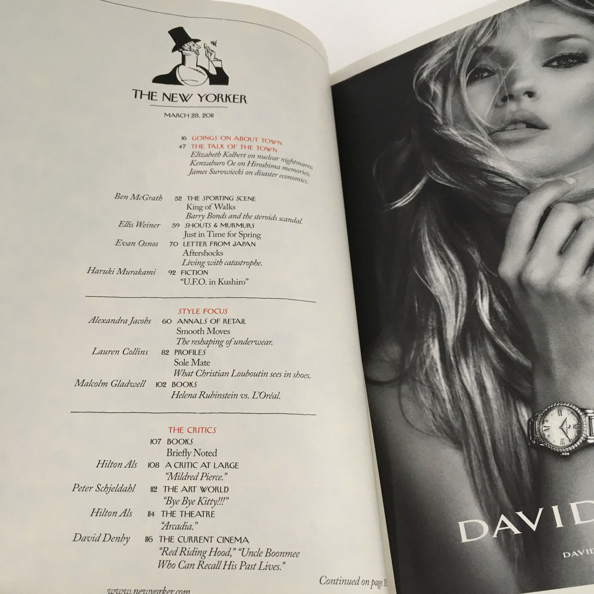 Inside page of The New Yorker Magazine March 28 2011 displaying editorial content and features including articles and critic reviews.