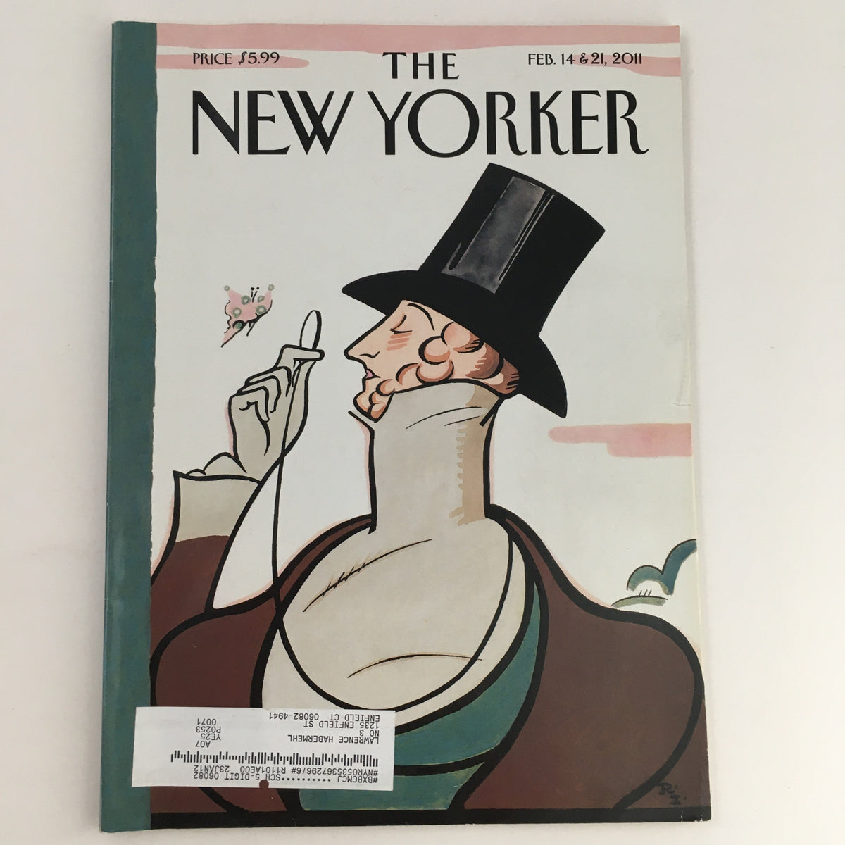 Cover of The New Yorker Magazine February 14, 2011 featuring theme art by Rea Irvin, showcasing an elegant character in a top hat, embodying vintage magazine artistry.
