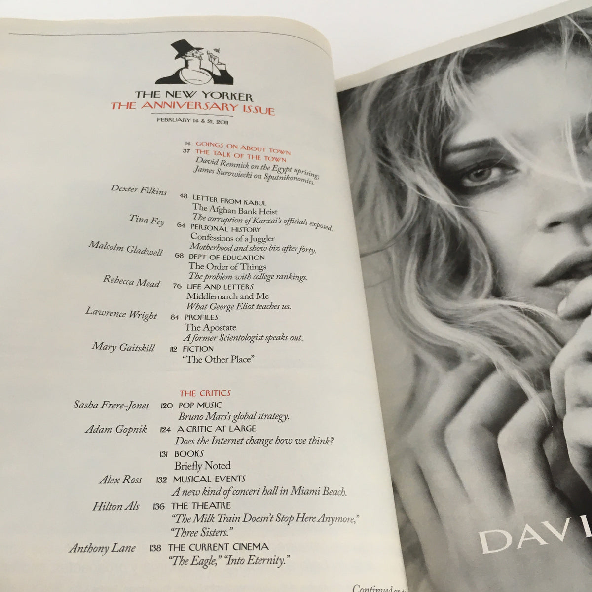 Inside page of The New Yorker Magazine February 14, 2011, detailing the content and articles in this Anniversary Issue, highlighting notable contributors and features.