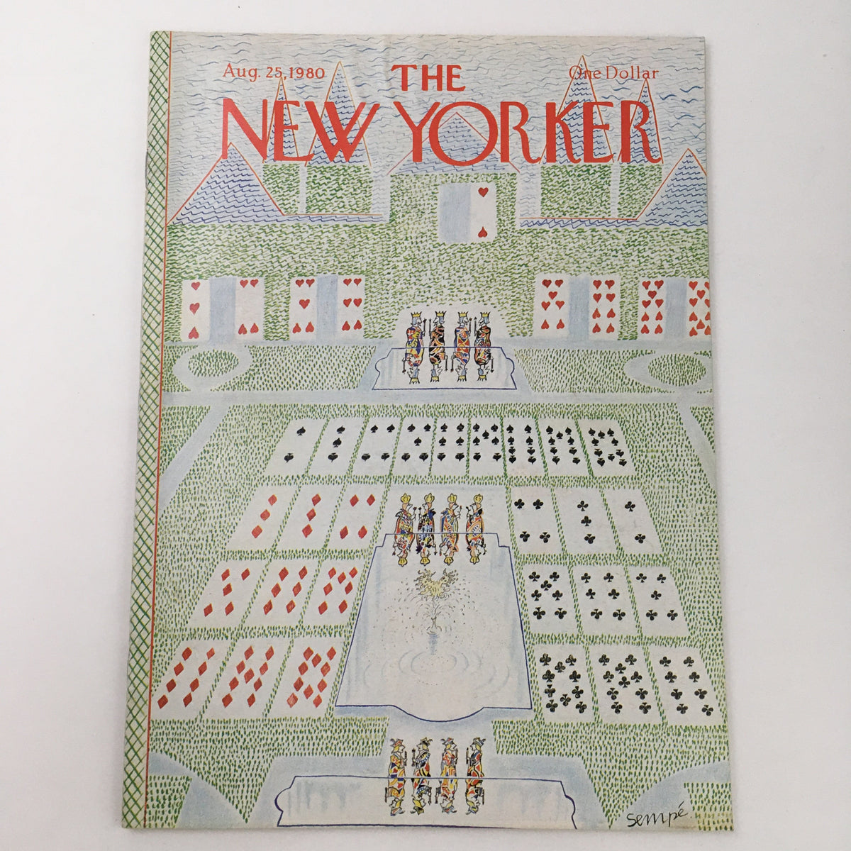 The New Yorker Magazine August 25 1980 theme art cover illustrated by J. J. Sempé, featuring whimsical designs of a garden with playing card motifs and a fountain.