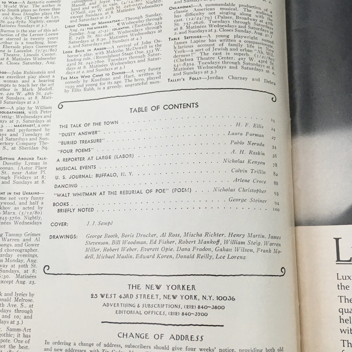 Inside page of The New Yorker Magazine August 25 1980 showing the table of contents, detailing features, articles, and illustrations by various artists including J. J. Sempé.