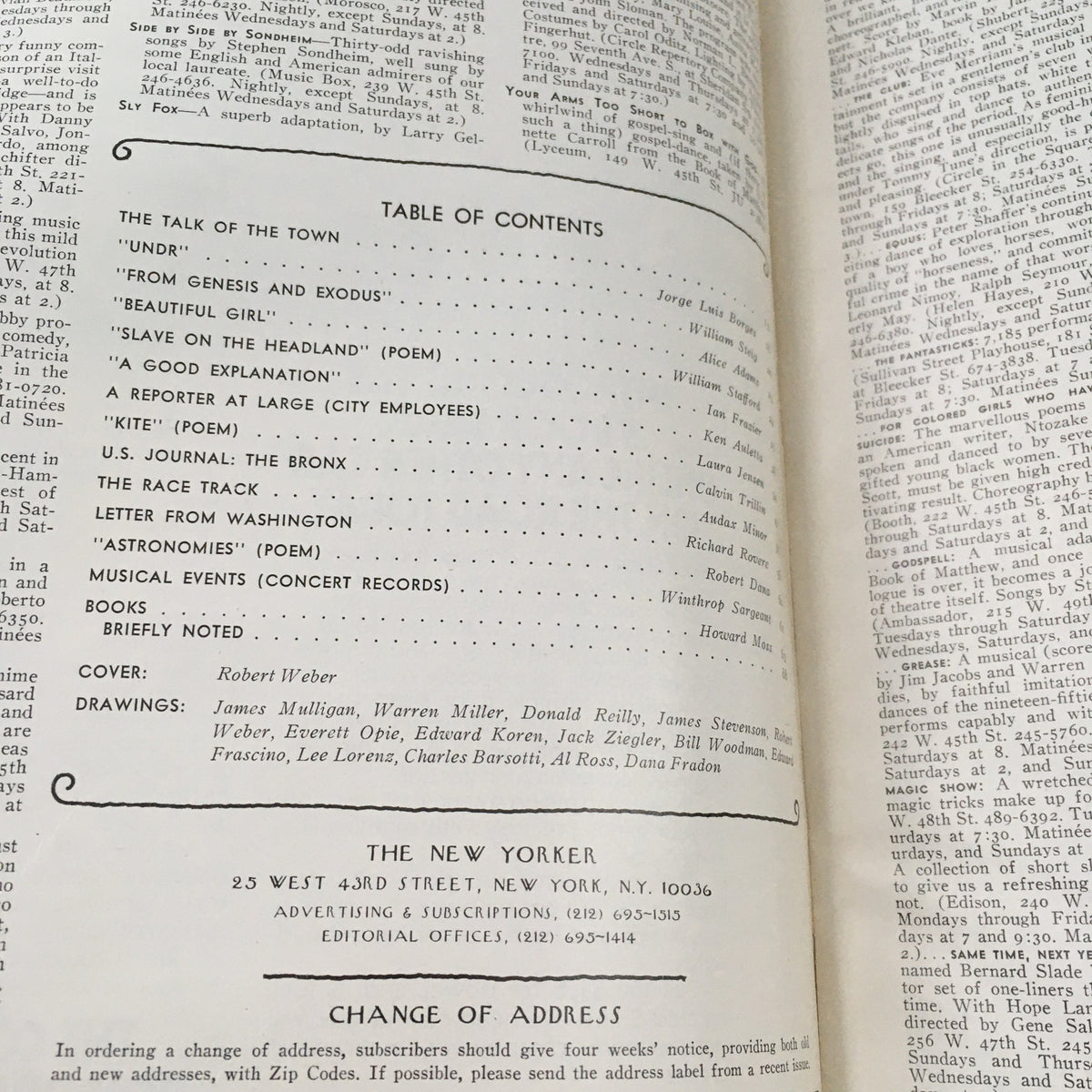 Table of Contents from The New Yorker Magazine August 1 1977 featuring poetry and articles, with cover art by Robert Weber.