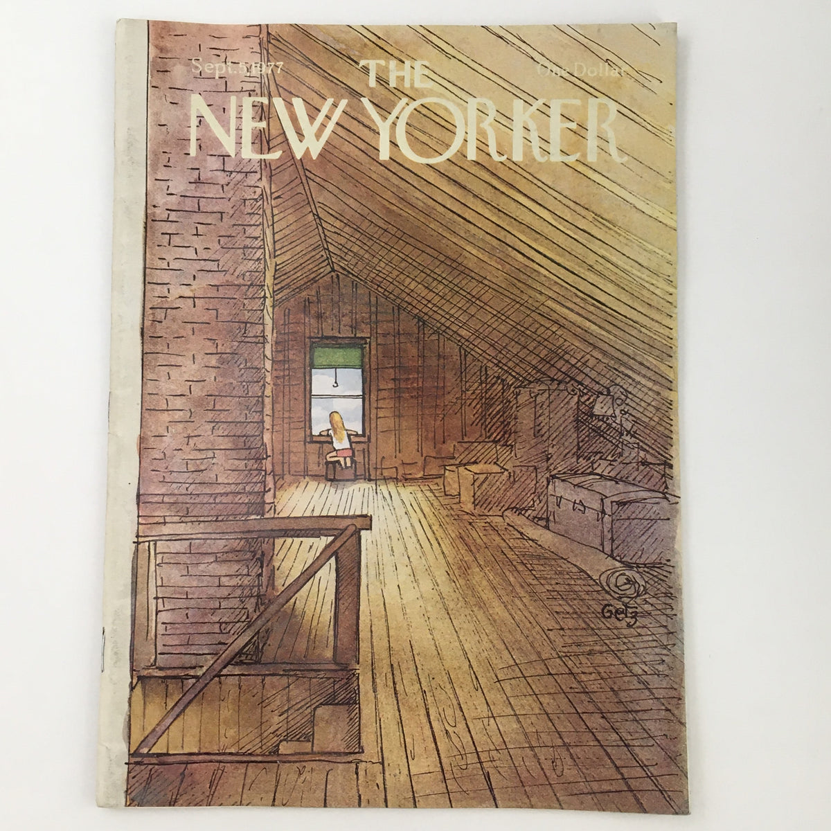 The New Yorker Magazine September 5 1977 Theme Art Cover by Arthur Getz showcasing a cozy attic interior with a girl sitting by the window, reflecting the era's artistic style.