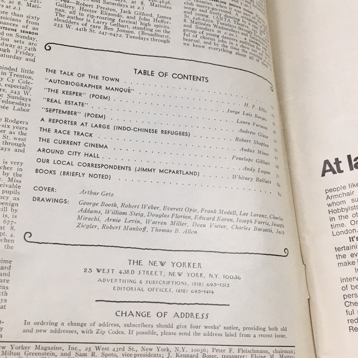 Interior page of The New Yorker Magazine September 5 1977 featuring the table of contents including articles and illustrations, with cover art credited to Arthur Getz.