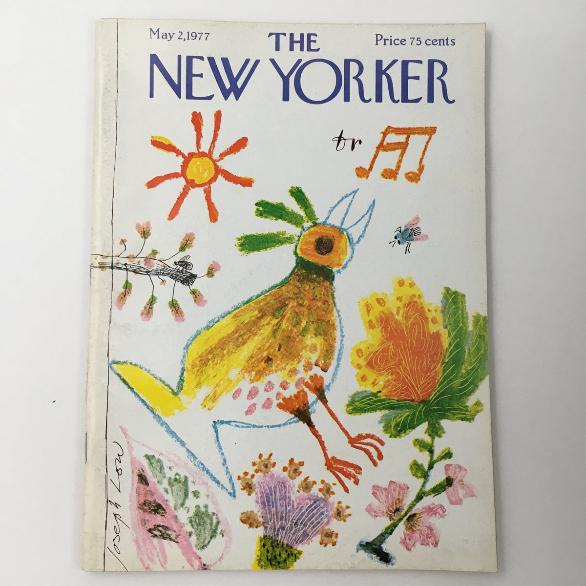Cover of The New Yorker Magazine May 2, 1977 featuring theme art by Joseph Low, showcasing vibrant illustrations of a colorful bird and flowers.