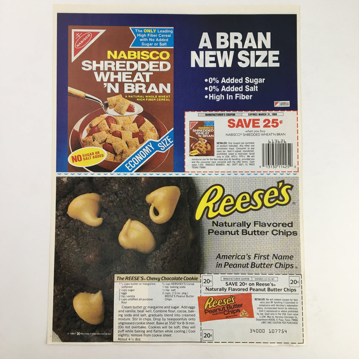 1987 Ayerst Fiber Guard Supplement Circular Coupon Advertisement featuring Nabisco Shredded Wheat 'N Bran and Reese's Naturally Flavored Peanut Butter Chips with price savings noted. Original advertisement in good condition, highlighting various product details.