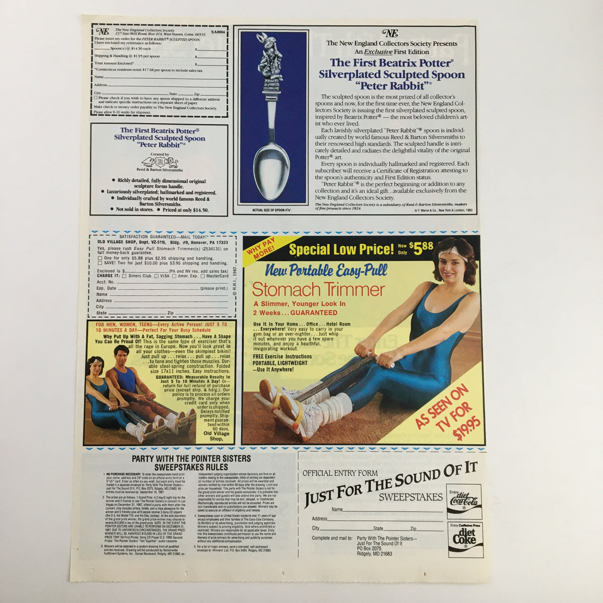 1987 The Diet Coke & Sony CD Sweepstakes Circular Coupon Advertisement back page showcasing additional advertisements, including a diet product and a commemorative spoon, along with contest details.