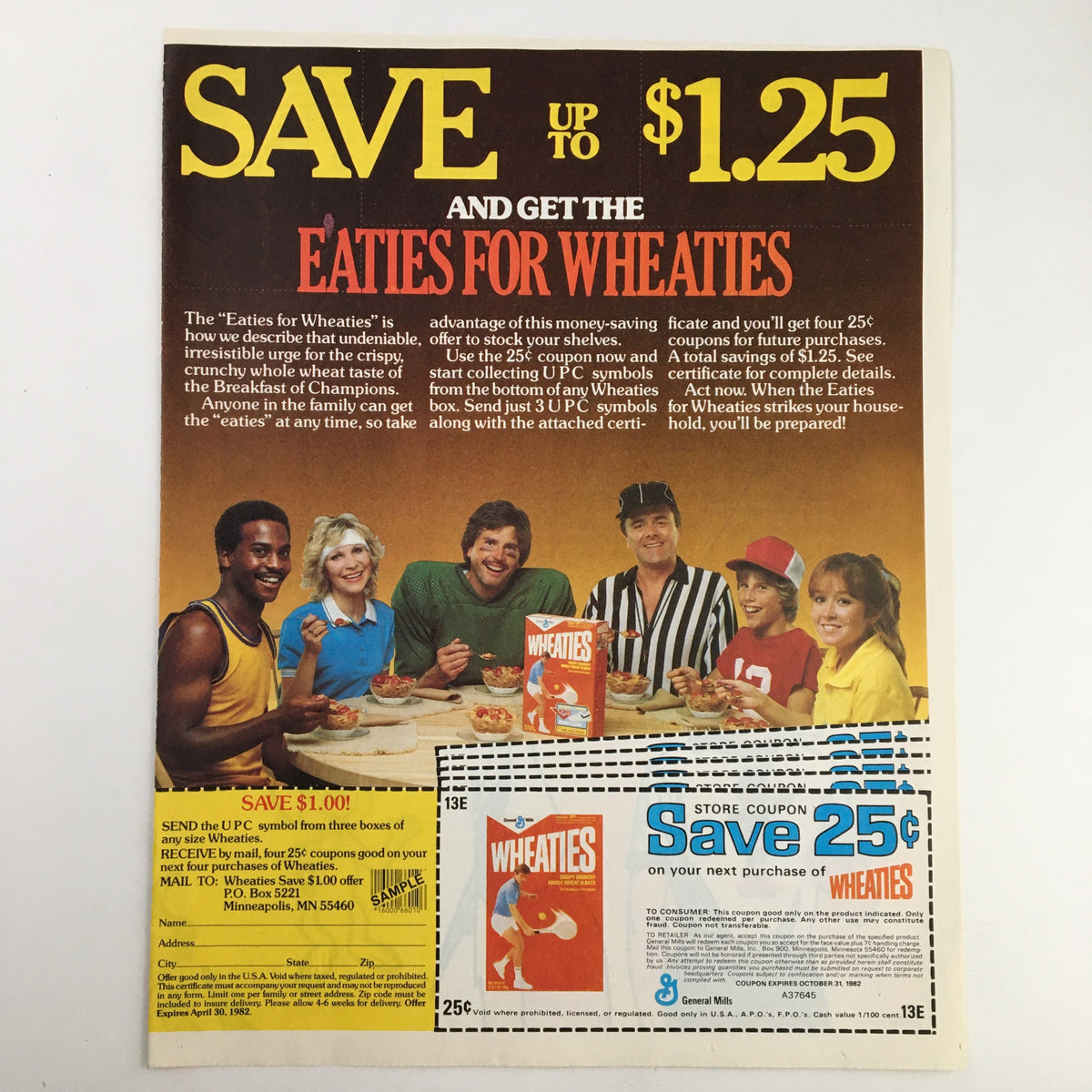 1982 Wheaties Eaties for Wheaties Circular Coupon Advertisement showcasing a diverse group of people around a table enjoying breakfast, emphasizing savings with coupons for Wheaties; offers savings up to $1.25.