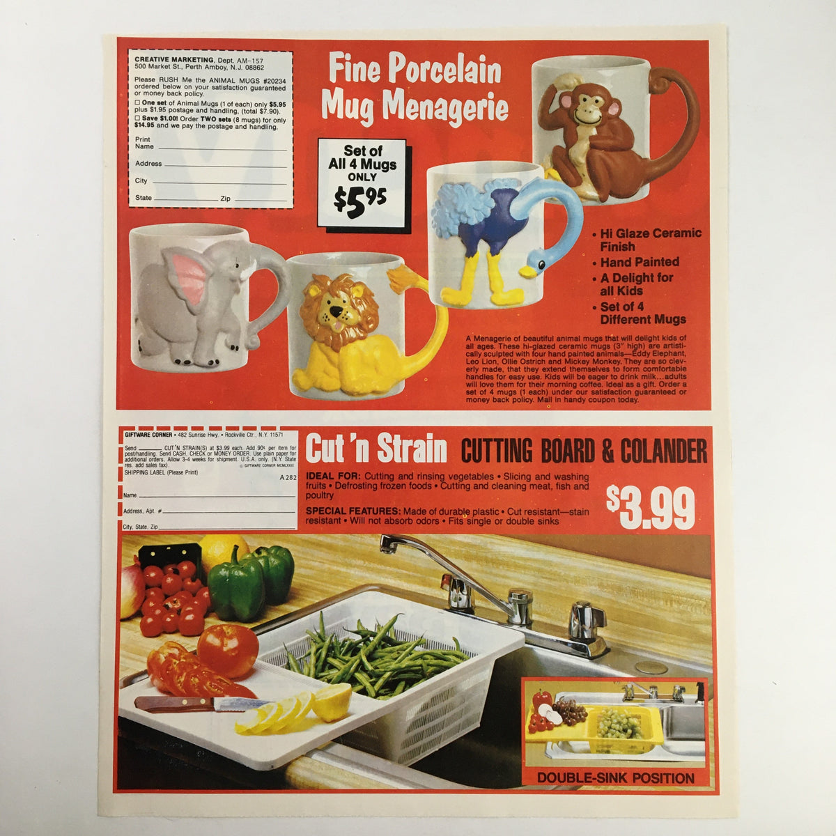 1982 Fine Porcelain Mug Menagerie advertisement featuring a set of colorful animal-shaped mugs priced at $5.95, alongside a Cut'n Strain cutting board and colander priced at $3.99, displayed attractively in a vintage circular.