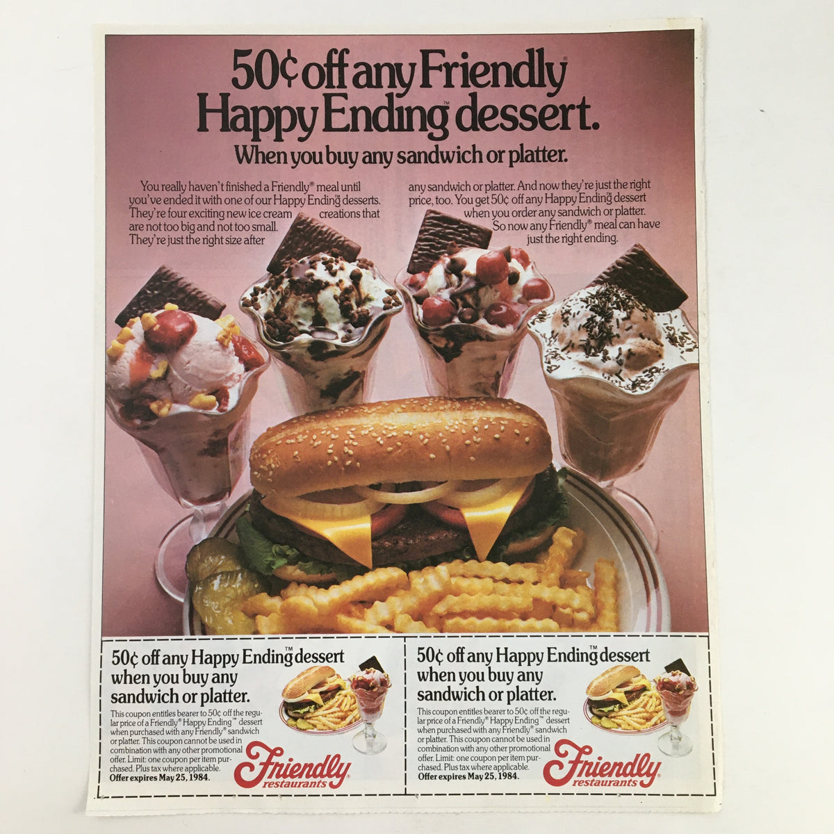 Advertisement for Friendly restaurants featuring a 50 cent off coupon for any Happy Ending dessert with the purchase of a sandwich or platter. The ad includes images of desserts and a burger with fries, dated May 3, 1984.