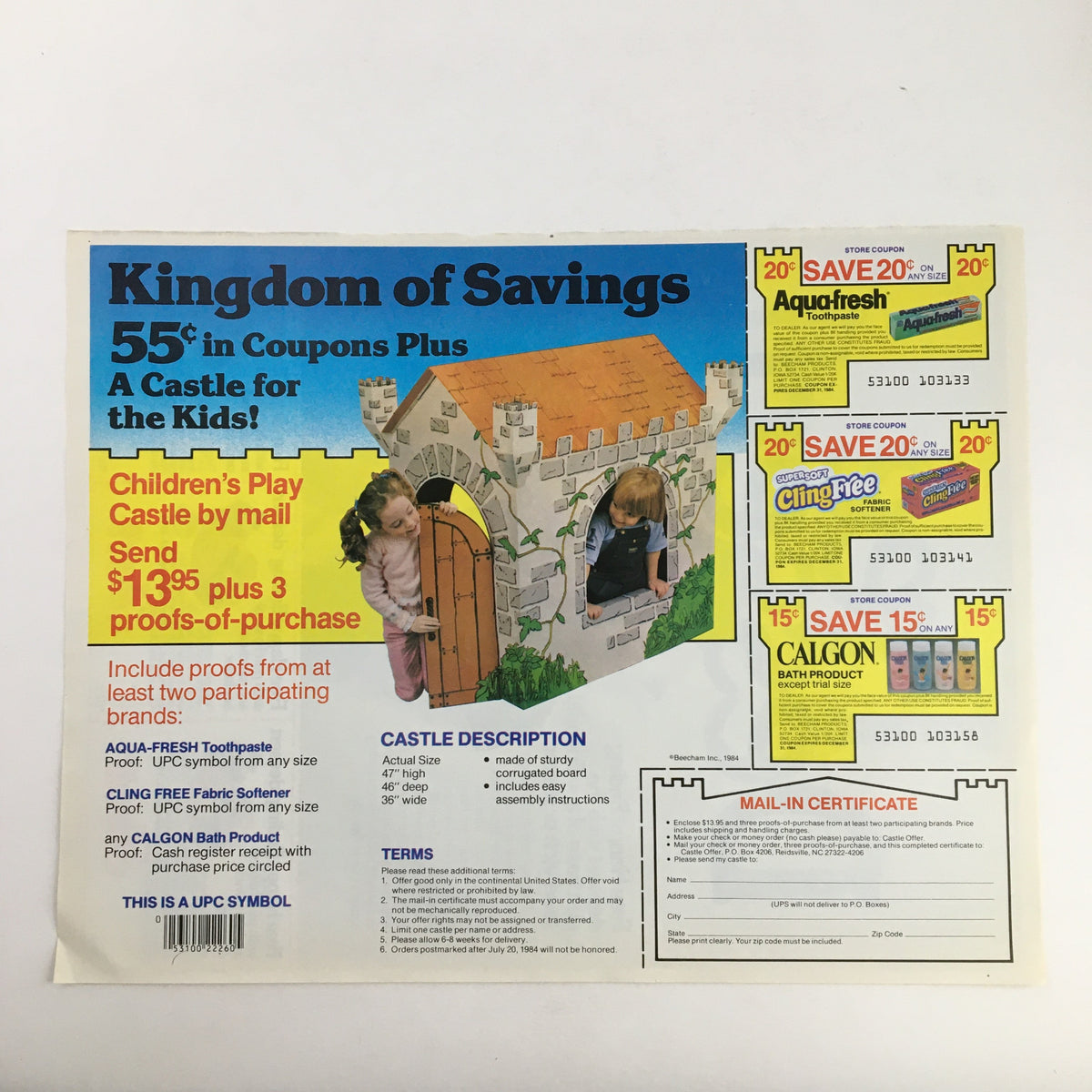 1984 Happy Ending Desserts Ice Cream Circular Coupon Advertisement featuring a colorful graphic for the Kingdom of Savings promotion, with images of children playing at a castle and coupons for various products.