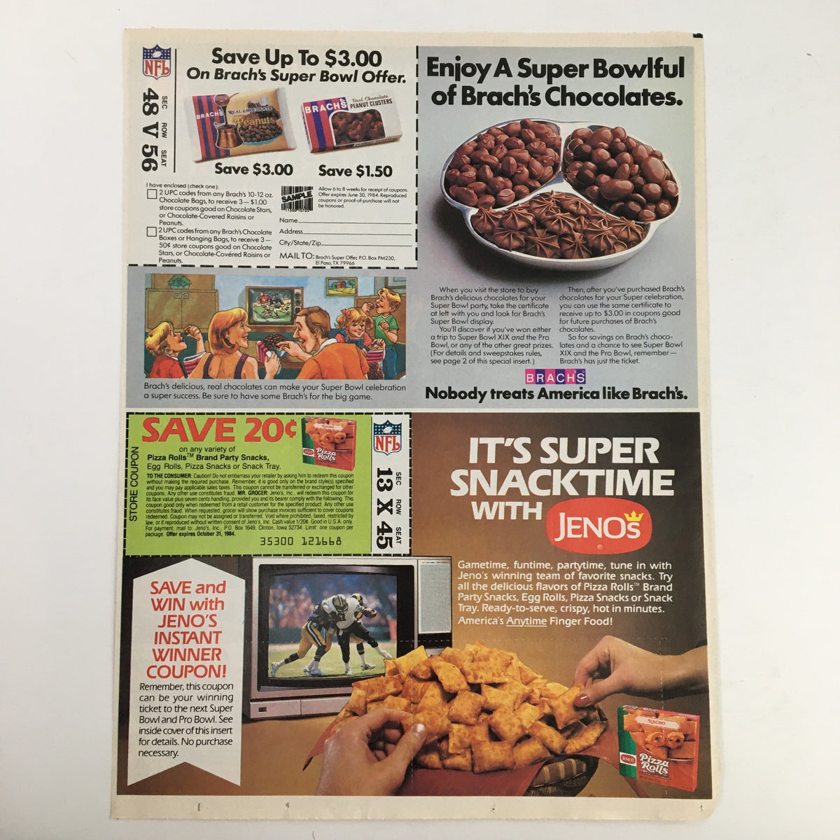 1984 NFL Super Bowl advertisement showcasing Brach's chocolates and Jeno's snack offerings, promoting savings and super bowl party ideas in an engaging layout.