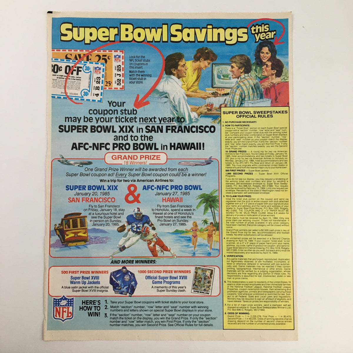 Vintage advertisement for Super Bowl Savings displaying details of a sweepstakes for Super Bowl XIX and photo of a couple at a computer, highlighting promotional events from the 1980s.