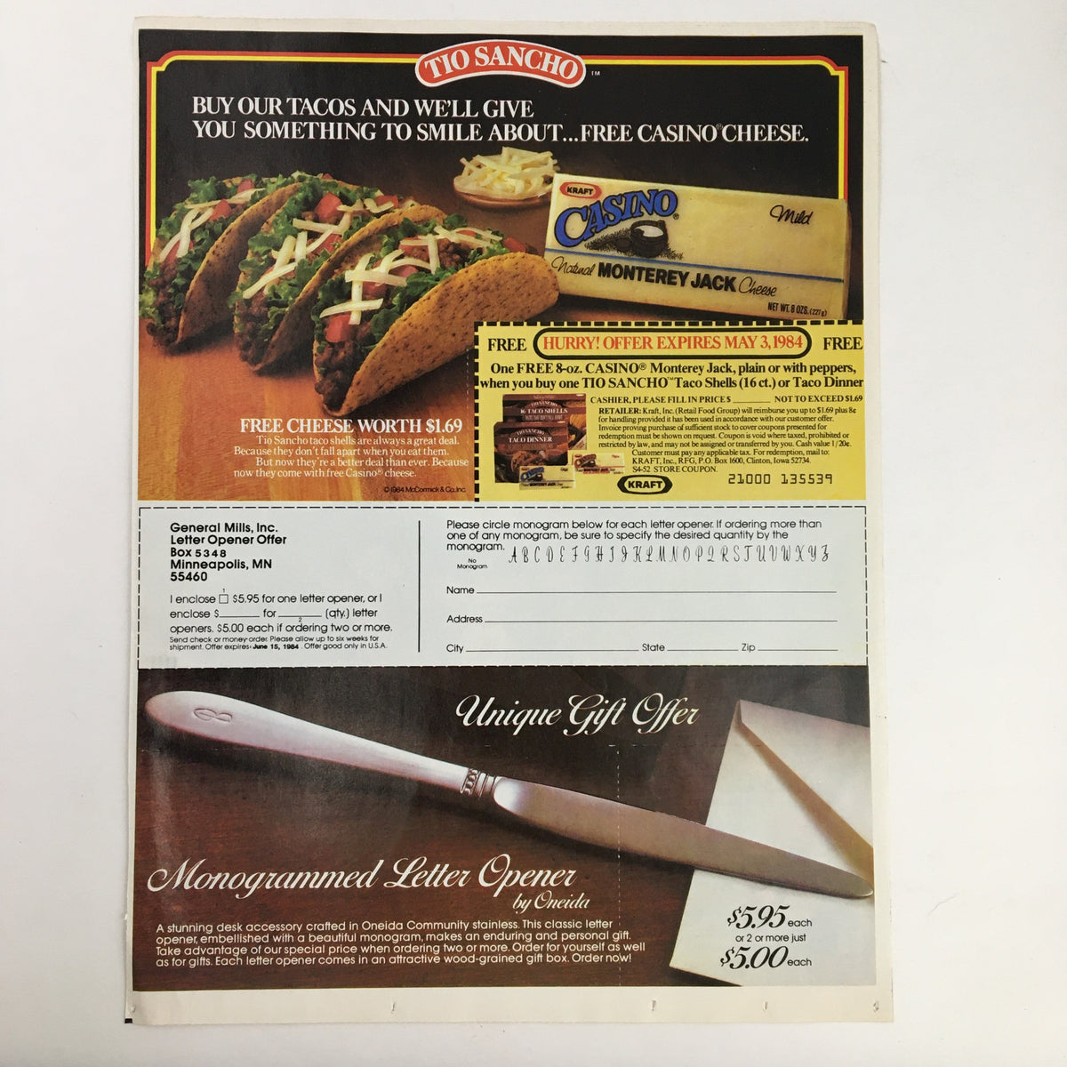 Image of a 1984 Trip of Your Life Sweepstakes Circular Coupon Advertisement featuring a promotion for Tio Sancho tacos and a complimentary free cheese offer with purchase. The advertisement highlights a monogrammed letter opener offer and includes pricing details.