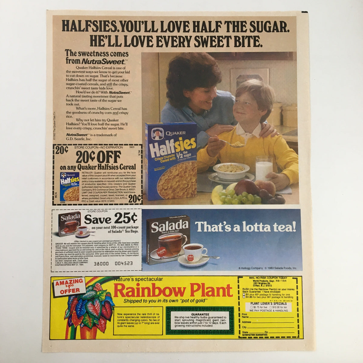 1984 advertisement featuring Quaker Halfies Cereal with a 20 cent off coupon, illustrating a mother and son enjoying breakfast with healthy options, emphasizing the product's low sugar content.