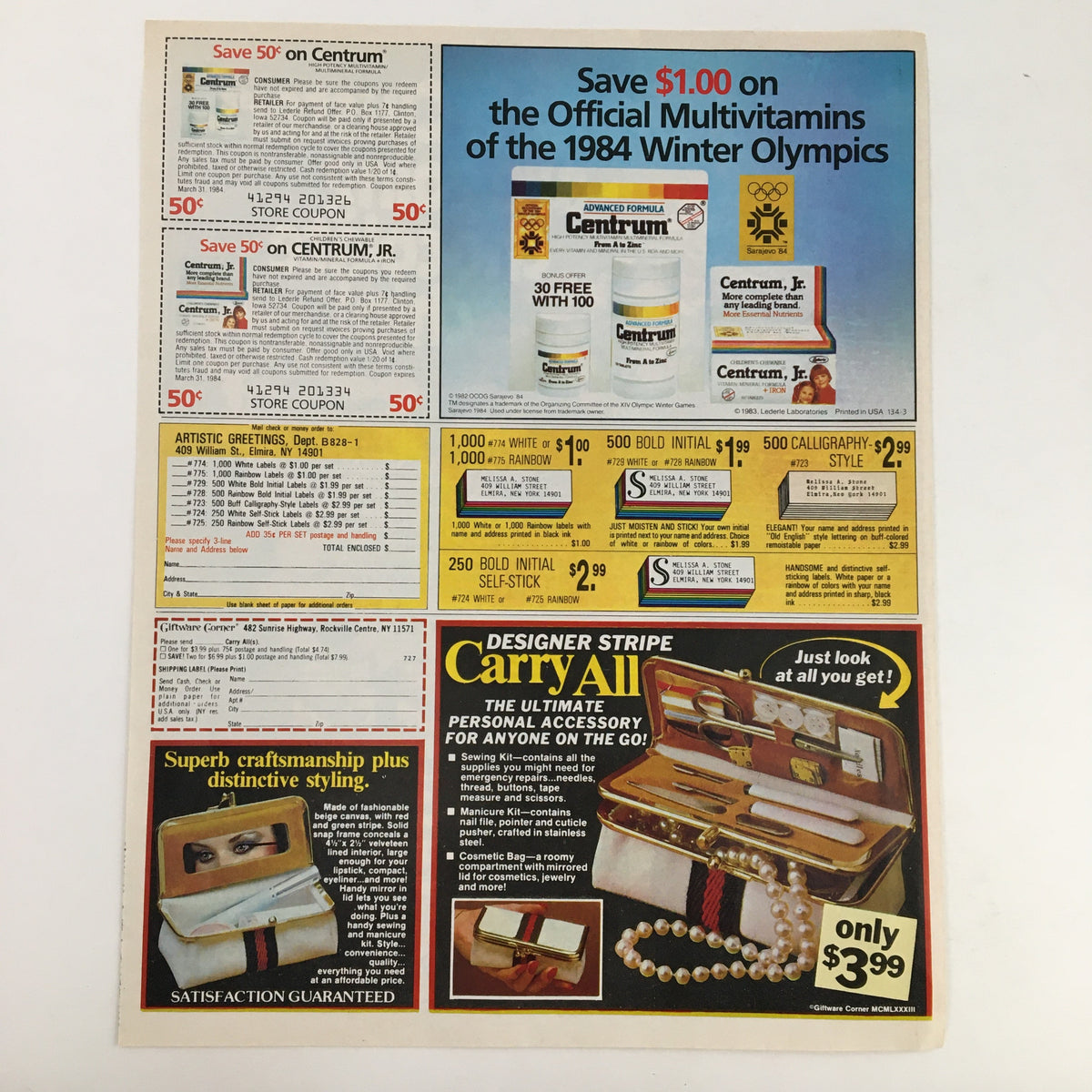 1983 circular advertisement featuring a coupon for Centrum multivitamins and various products, showcasing discounts and promotions from that era.