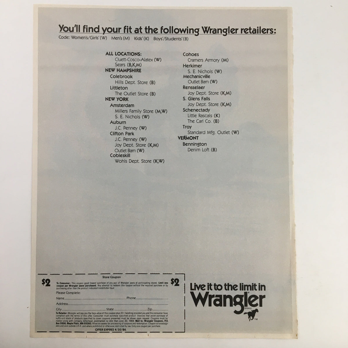 1984 Wrangler Brand Jeans Circular Coupon Advertisement featuring a list of Wrangler retailers and coupon information. The coupon is no longer valid and the advertisement is in good condition, showcasing original print details.