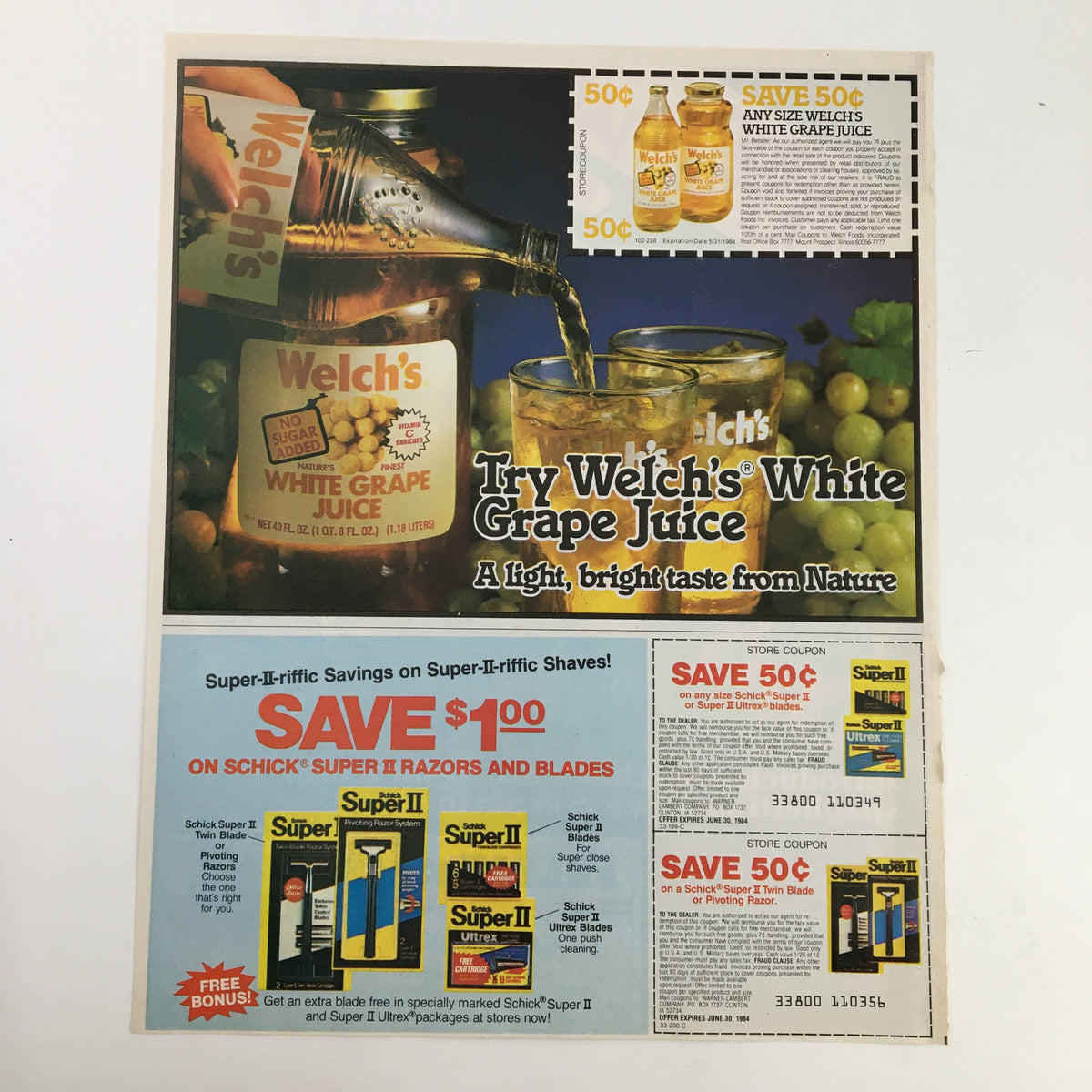 Welch's White Grape Juice Advertisement showcasing grape juice in a glass with a coupon offer for savings, alongside a promotion for Schick Super II razors, encapsulated in retro style.