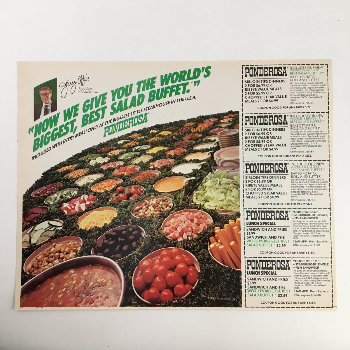 Separate Ponderosa advertisement featuring a lavish salad buffet, not directly related to the 1983 Kodamatic Instant Camera Circular Coupon Advertisement, providing additional context for vintage promotions.