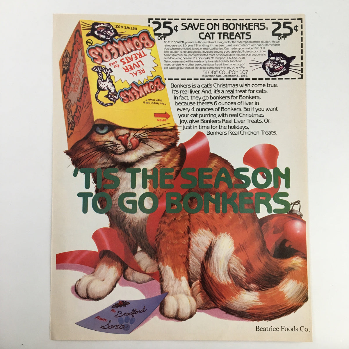 Vintage advertisement for Bonkers cat treats with a cat wearing a box on its head, promoting a coupon for savings, titled 'Tis the Season to Go Bonkers, highlighting Beatrice Foods Co.