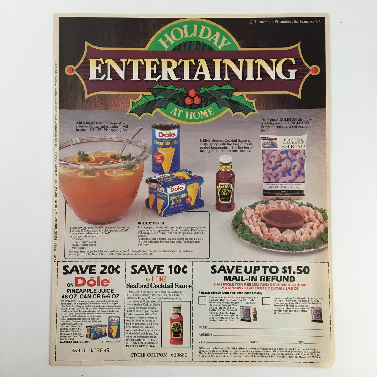 1983 Quaker Halfsies Crispy Crunchy Cereals Circular Coupon Advertisement highlighting holiday entertaining with Dole pineapple juice and Heinz seafood cocktail sauce promotions.