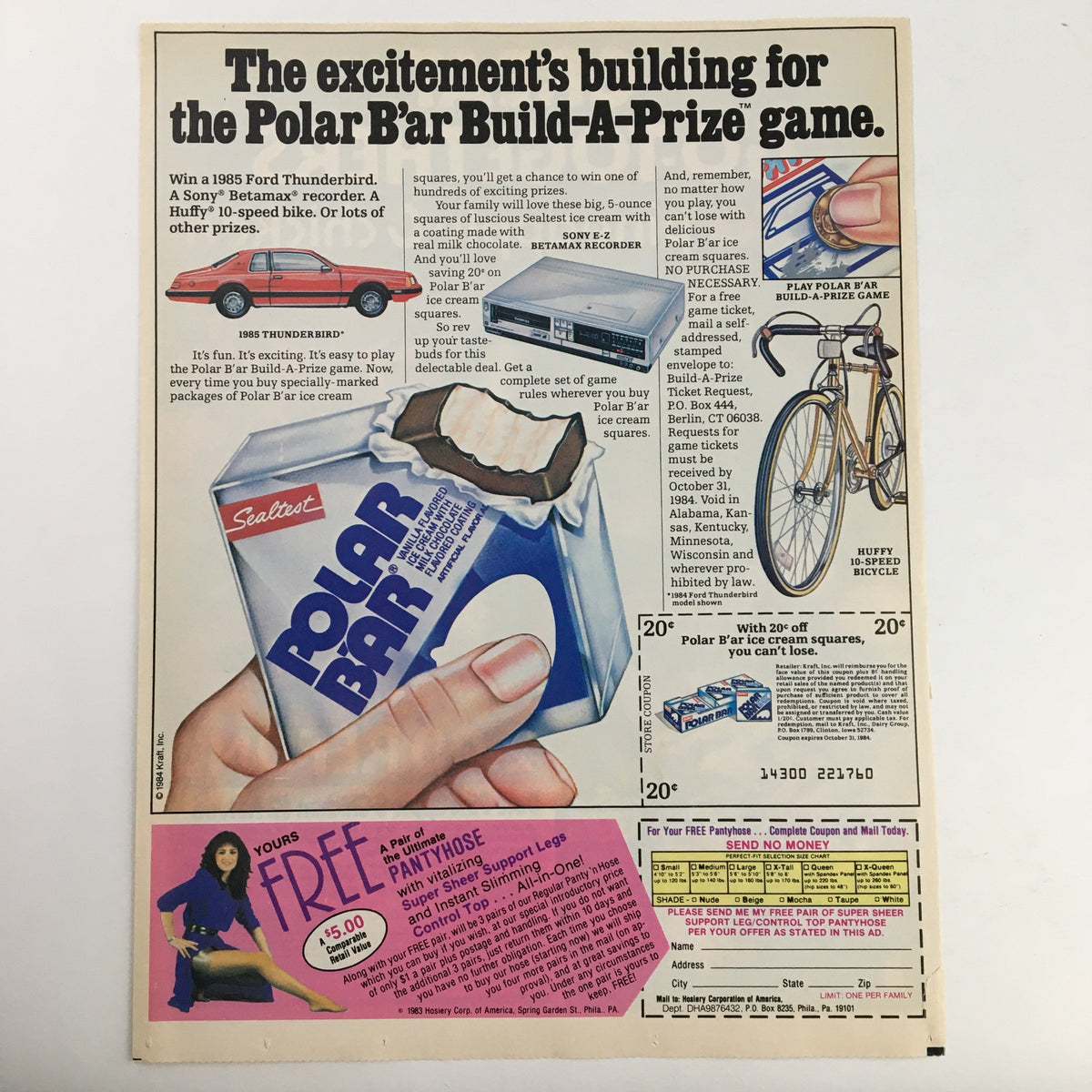 Page from a vintage advertisement showing the Polar Bar Build-A-Prize game, illustrating a hand holding the Polar Bar game card with various prize options.