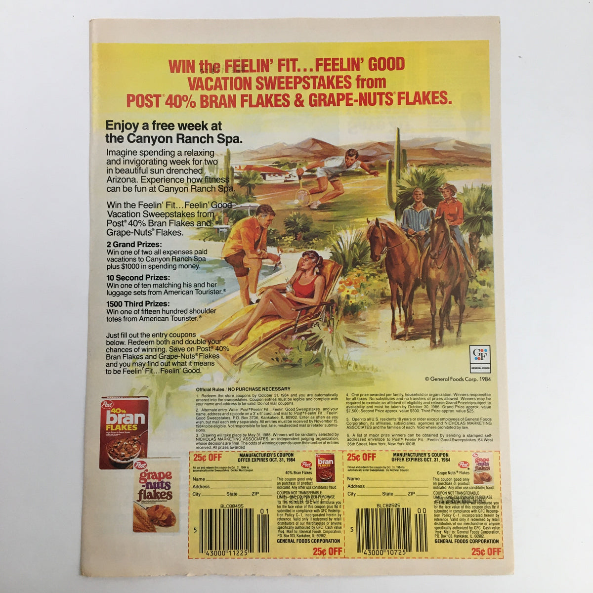 1985 Log Cabin 'N Pancakes Circular Coupon Advertisement featuring a vintage back ad for Post 40% Bran Flakes and Grape-Nuts Flakes, showcasing a scenic outdoor scene with horseback riders and promotional details.