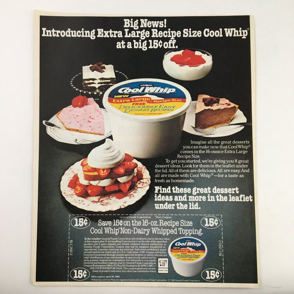 1982 General Mills Favorite Big G Cereals Circular Coupon Advertisement back side highlighting a dessert recipe for Cool Whip with a special introductory price, illustrating dessert ideas and product promotions.
