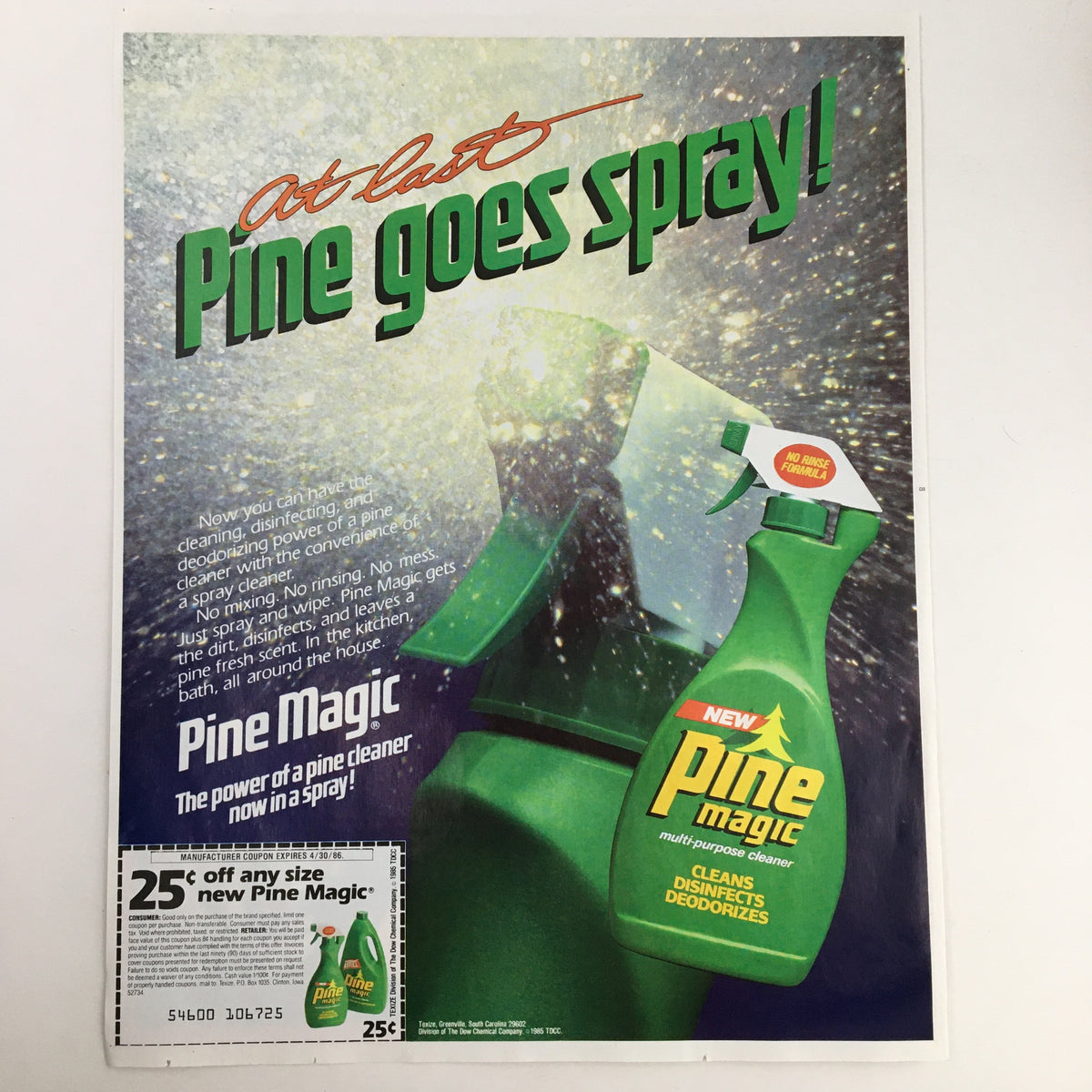 1985 Del Monte Big Top Bonanza Circular Coupon Advertisement showcasing 'Pine Magic' cleaner in a spray bottle, highlighting its cleaning power with promotional discounts and product usage instructions.