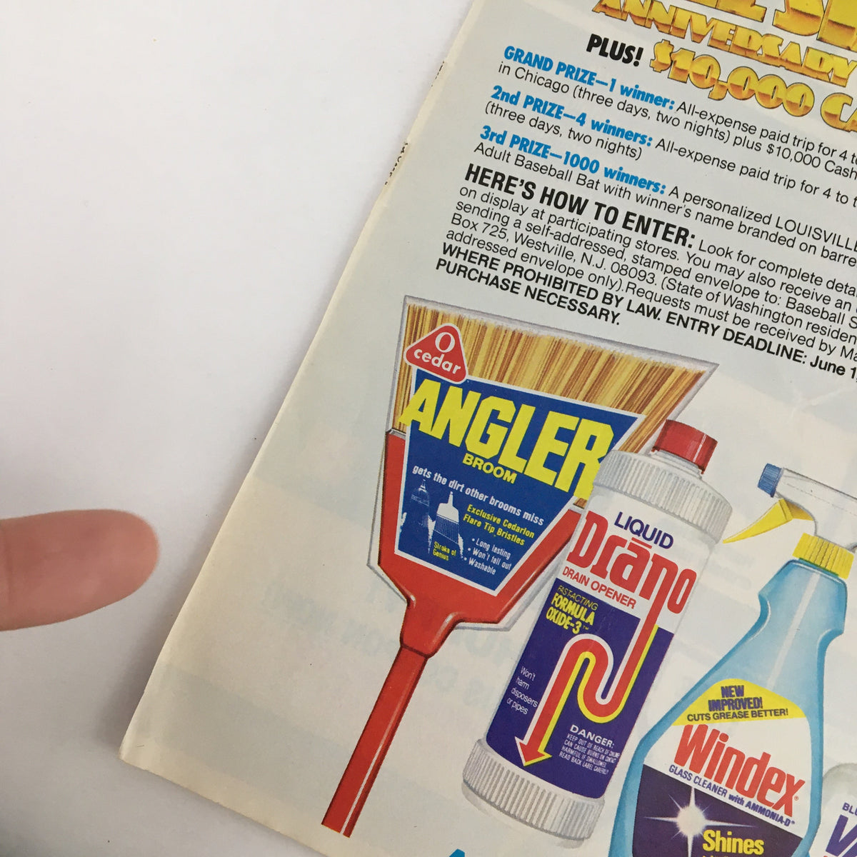 Close-up of the 1983 Cedar All-Star Cleaning Game Circular Coupon Advertisement featuring the Angler Broom and Liquid Drano.