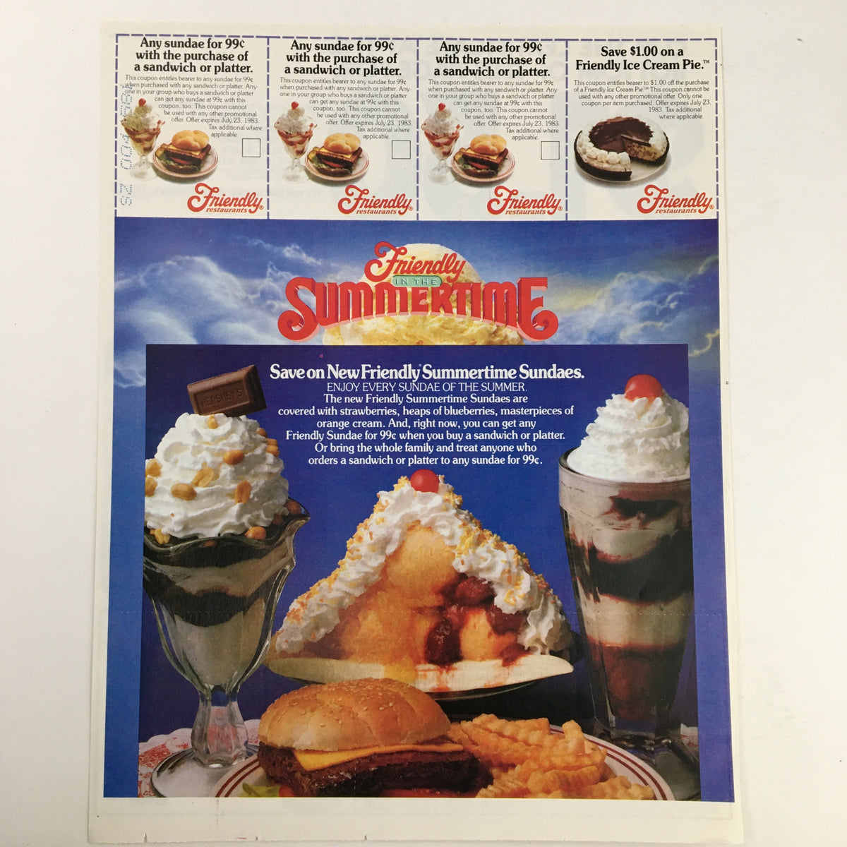 1983 Friendly Summertime Advertisement showcasing ice cream sundaes and a sandwich promotion with coupons, reflecting the consumer culture and dining trends of the early 1980s.