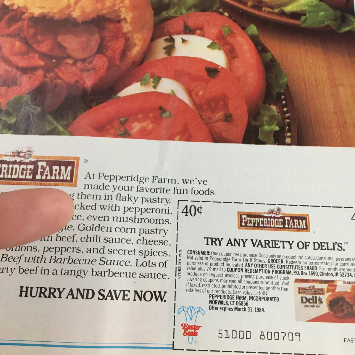 Close-up of the 1984 Pepperidge Farm Pizza Style Tomato Sauce Circular Coupon Advertisement showing details about the pizza and the promotional coupon offer.