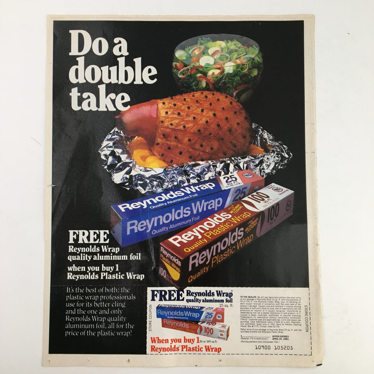 1984 advertisement for Reynolds Wrap featuring a humorous twist with a meal packaged in aluminum foil and a promotion for free aluminum foil with purchase of plastic wrap.