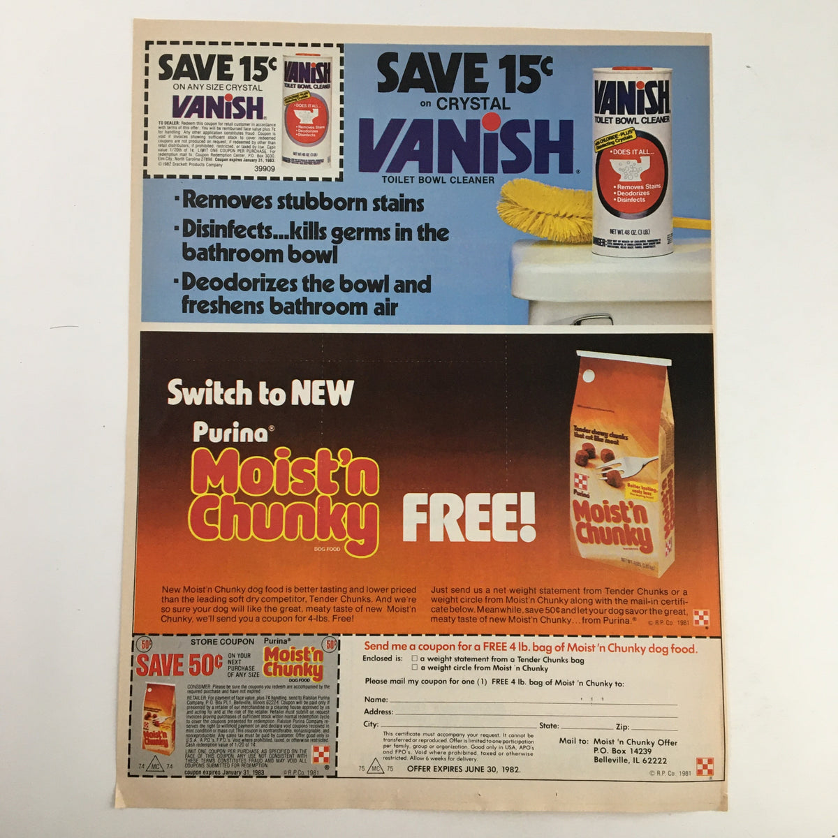 1982 advertisement for Vanish toilet bowl cleaner and Purina Moist 'n Chunky dog food, highlighting special savings and cleaning benefits in a vintage style layout.