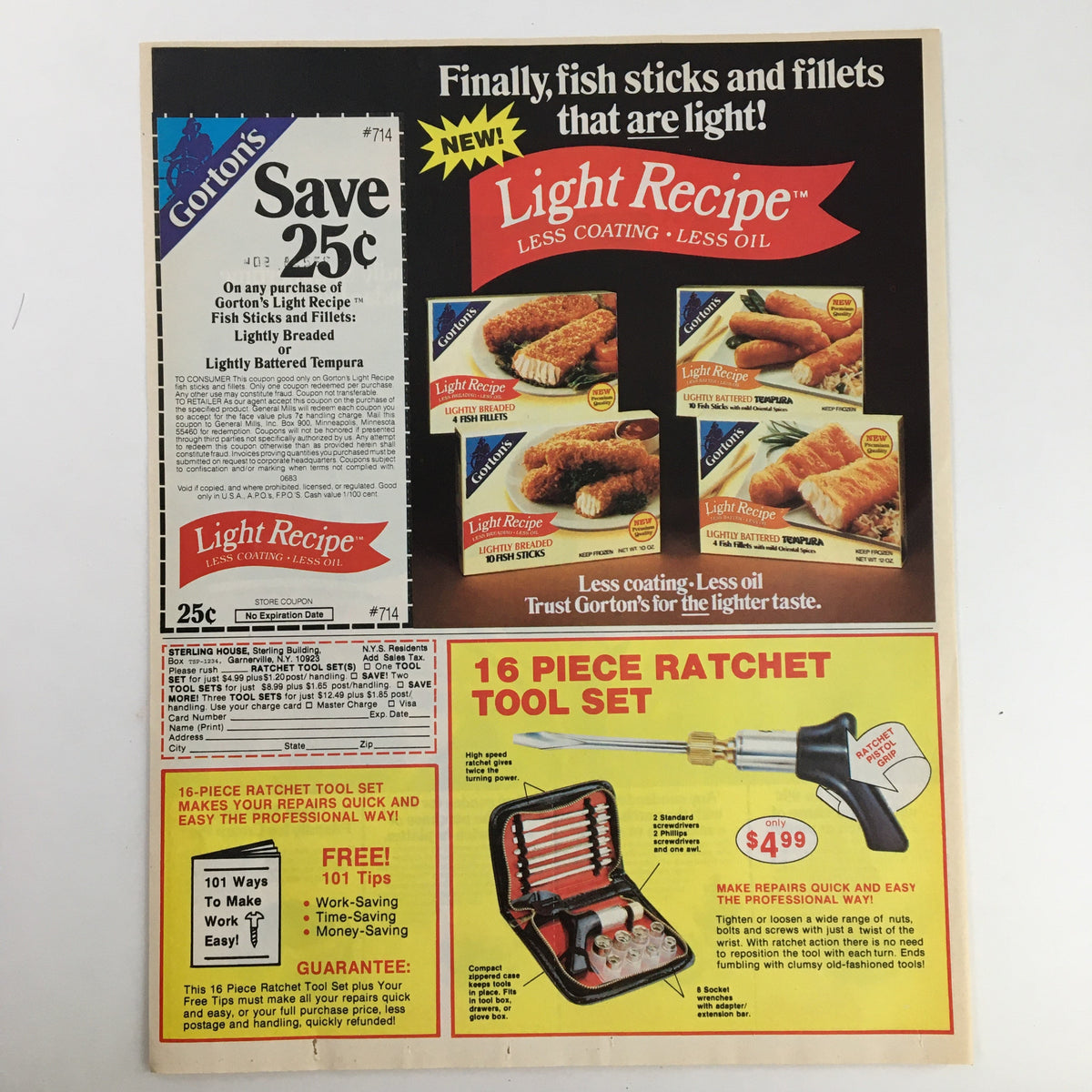 1983 Friendly Summertime Sundae Desserts Circular Coupon Advertisement featuring Gorton's Light Recipe fish sticks promotion and a 16-piece ratchet tool set. The advertisement highlights savings on fish products with a nostalgic design, capturing the essence of summer treats along with versatile tool essentials.