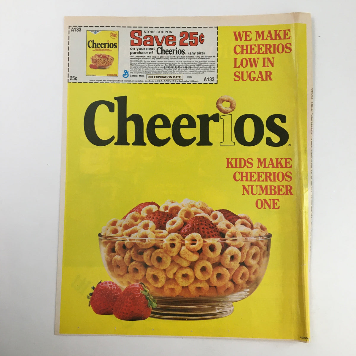 1983 Nabisco America's Leading Brands Circular Coupon Advertisement showcasing a Cheerios cereal bowl with strawberries, highlighting a coupon for saving on Cheerios.