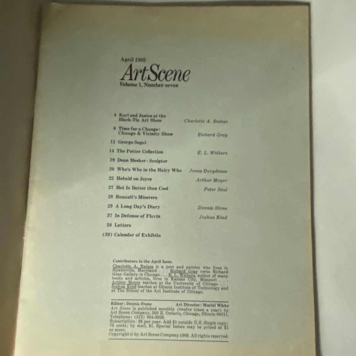 Inside page of VTG Art Scene Magazine April 1968 displaying the table of contents and contributors, highlighting various art topics and features.