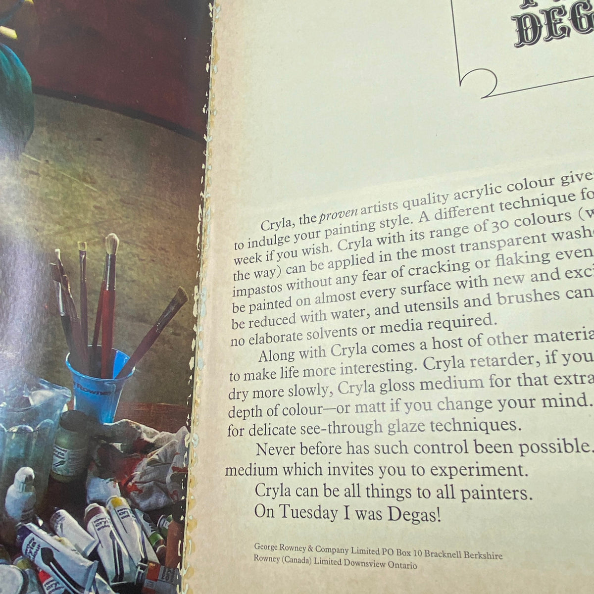 Interior page of VTG Studio International Magazine discussing Cryla, a proven artist's quality acrylic color, highlighting its benefits for painters. Title: VTG Studio International Magazine November 1971 Cryla The Proven Artist No Label.