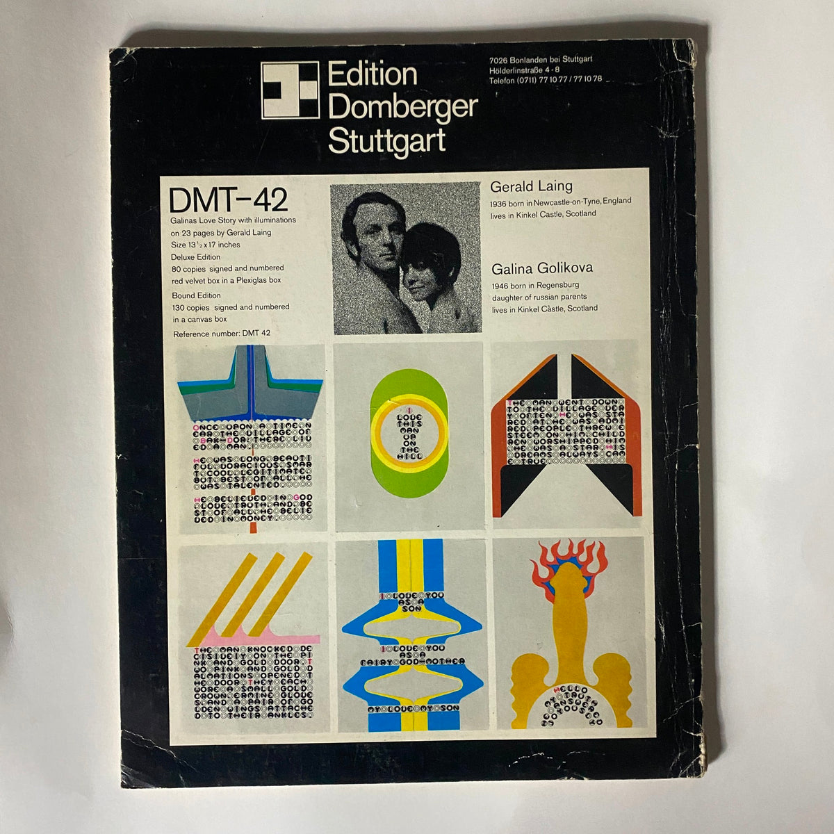 Back cover of Edition Domberger Stuttgart DMT-42, showcasing art by Gerald Laing and Galina Golikova, emphasizing mixed media and contemporary design.